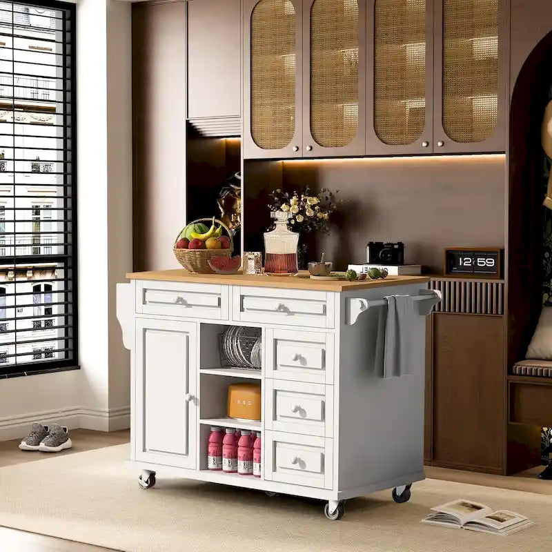 Desserte de cuisine Roomfitters avec plateau en bois d'hévéa – Îlot de cuisine roulant mobile avec rangement et 5 tiroirs, longueur de 134,6 cm