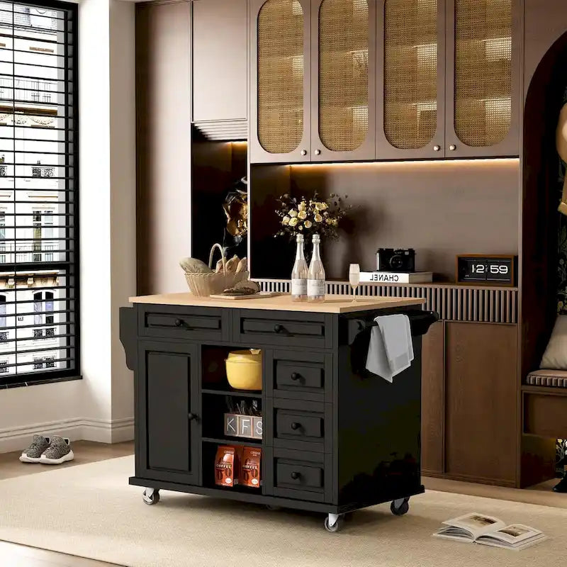 Desserte de cuisine Roomfitters avec plateau en bois d'hévéa – Îlot de cuisine roulant mobile avec rangement et 5 tiroirs, longueur de 134,6 cm