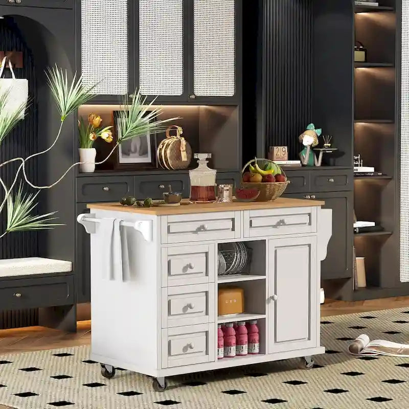 Desserte de cuisine Roomfitters avec plateau en bois d'hévéa – Îlot de cuisine roulant mobile avec rangement et 5 tiroirs, longueur de 134,6 cm