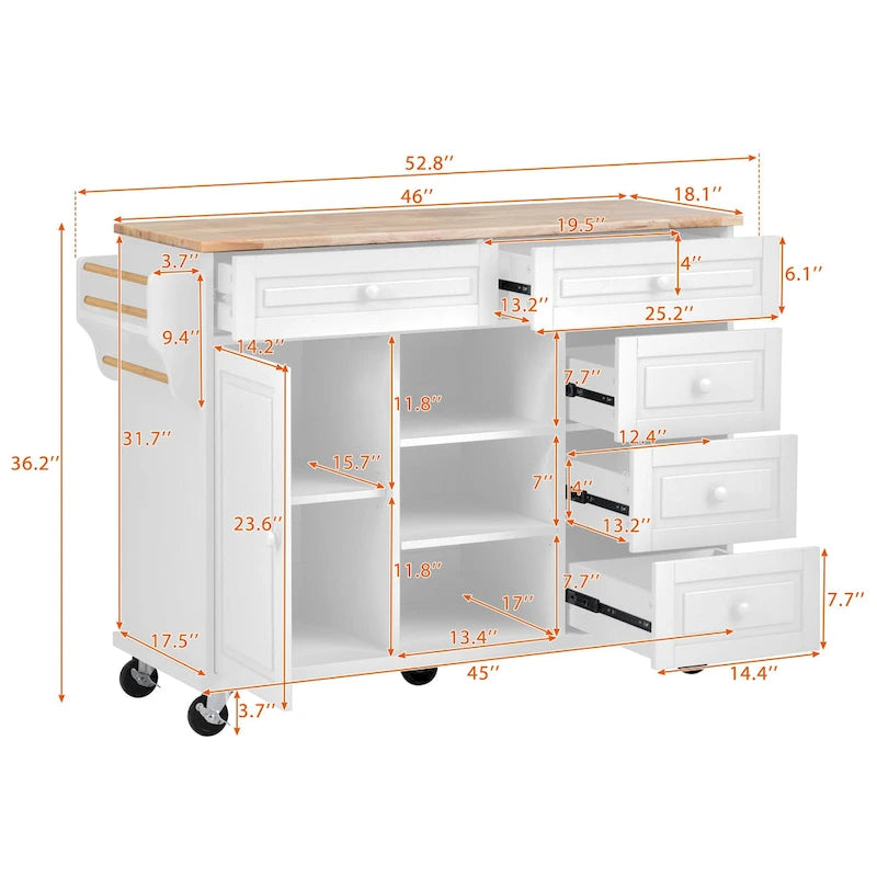 Desserte de cuisine Roomfitters avec plateau en bois d'hévéa – Îlot de cuisine roulant mobile avec rangement et 5 tiroirs, longueur de 134,6 cm