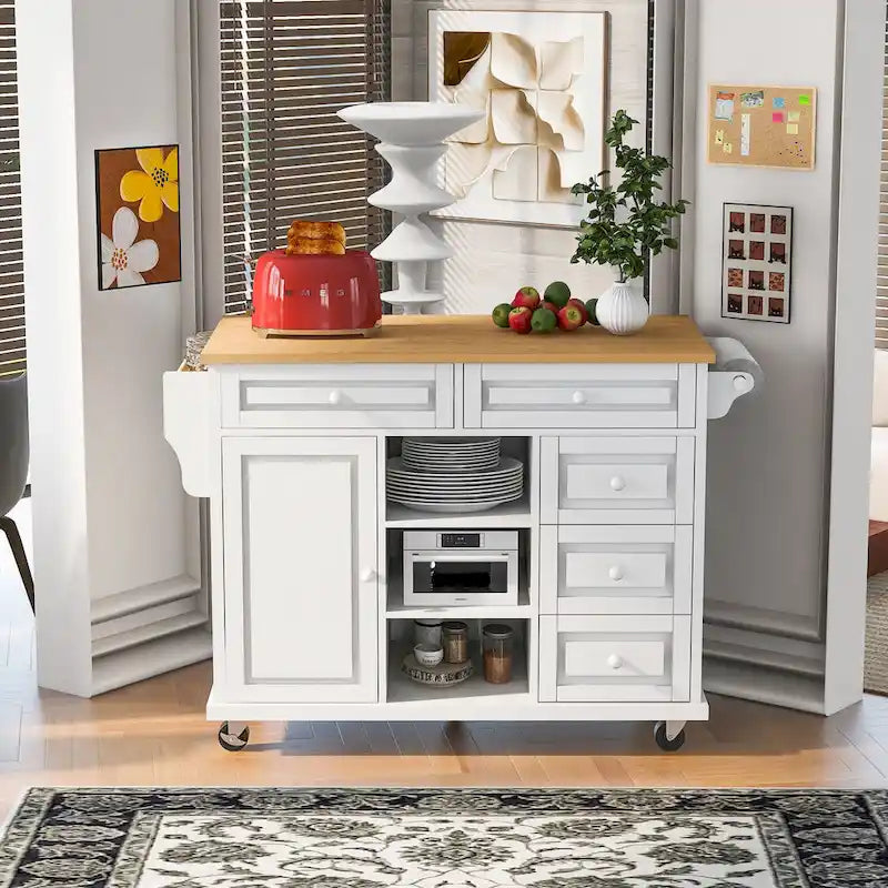 Desserte de cuisine Roomfitters avec plateau en bois d'hévéa – Îlot de cuisine roulant mobile avec rangement et 5 tiroirs, longueur de 134,6 cm