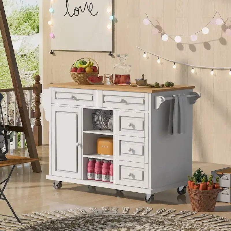 Desserte de cuisine Roomfitters avec plateau en bois d'hévéa – Îlot de cuisine roulant mobile avec rangement et 5 tiroirs, longueur de 134,6 cm