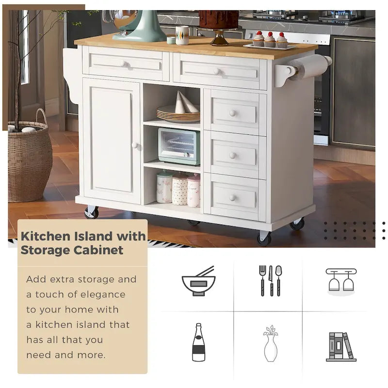 Desserte de cuisine Roomfitters avec plateau en bois d'hévéa – Îlot de cuisine roulant mobile avec rangement et 5 tiroirs, longueur de 134,6 cm