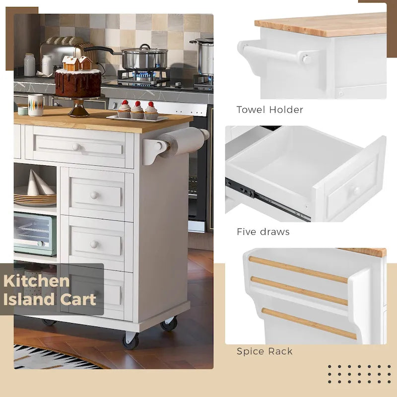 Desserte de cuisine Roomfitters avec plateau en bois d'hévéa – Îlot de cuisine roulant mobile avec rangement et 5 tiroirs, longueur de 134,6 cm