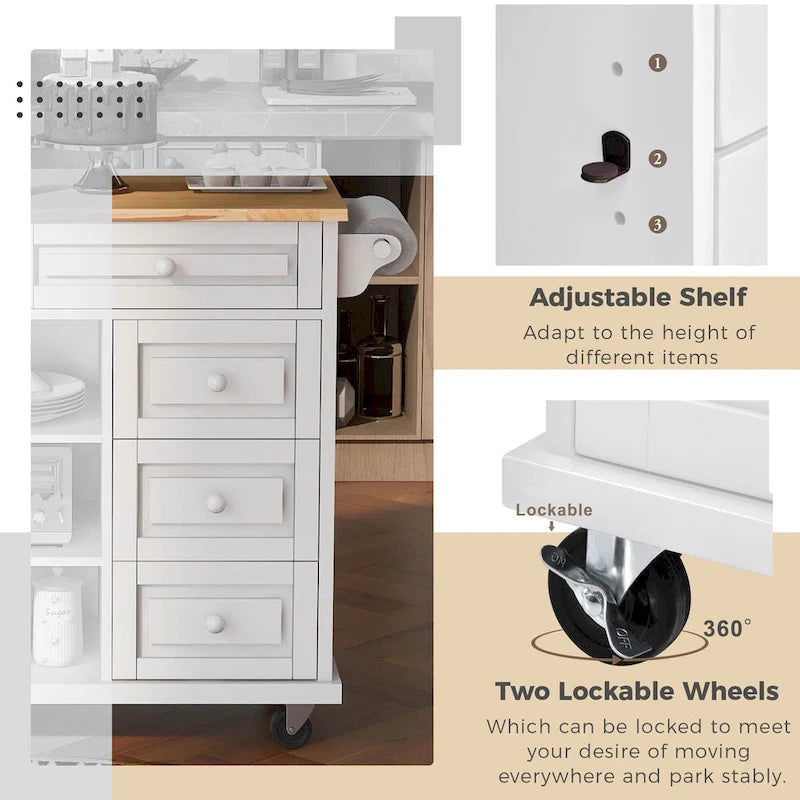 Desserte de cuisine Roomfitters avec plateau en bois d'hévéa – Îlot de cuisine roulant mobile avec rangement et 5 tiroirs, longueur de 134,6 cm