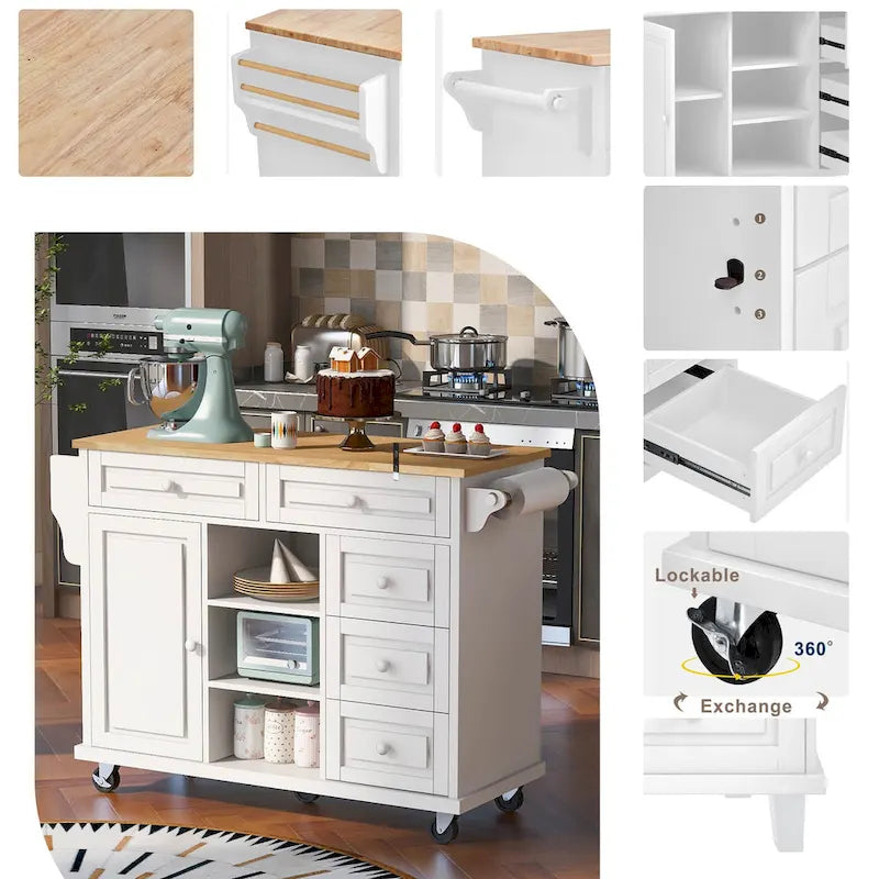 Desserte de cuisine Roomfitters avec plateau en bois d'hévéa – Îlot de cuisine roulant mobile avec rangement et 5 tiroirs, longueur de 134,6 cm