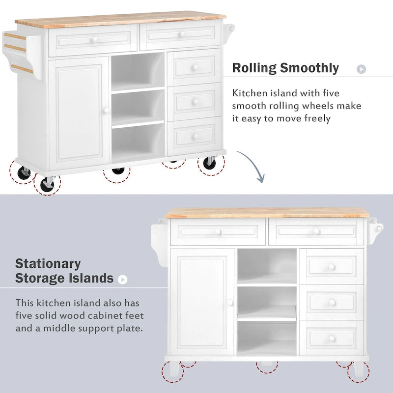 Desserte de cuisine Roomfitters avec plateau en bois d'hévéa – Îlot de cuisine roulant mobile avec rangement et 5 tiroirs, longueur de 134,6 cm