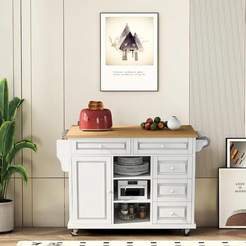 Desserte de cuisine Roomfitters avec plateau en bois d'hévéa – Îlot de cuisine roulant mobile avec rangement et 5 tiroirs, longueur de 134,6 cm