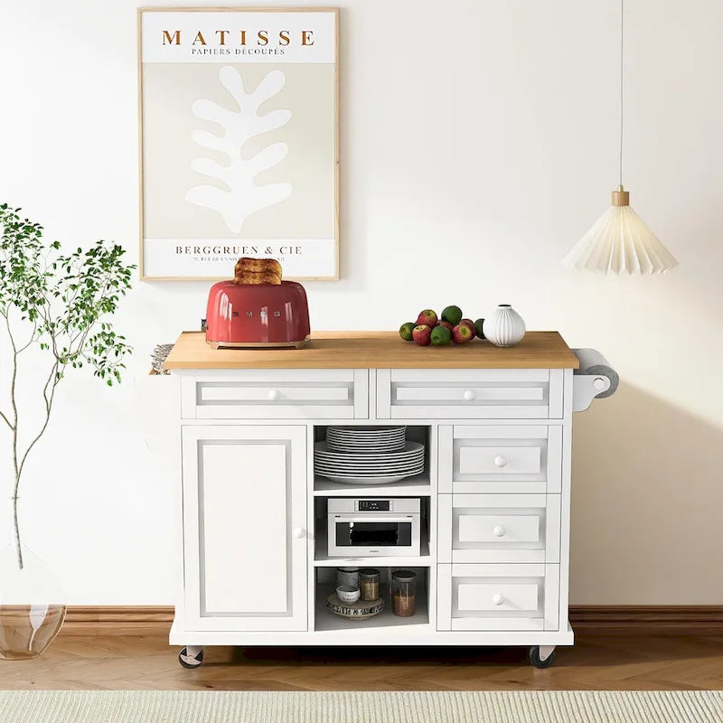 Desserte de cuisine Roomfitters avec plateau en bois d'hévéa – Îlot de cuisine roulant mobile avec rangement et 5 tiroirs, longueur de 134,6 cm