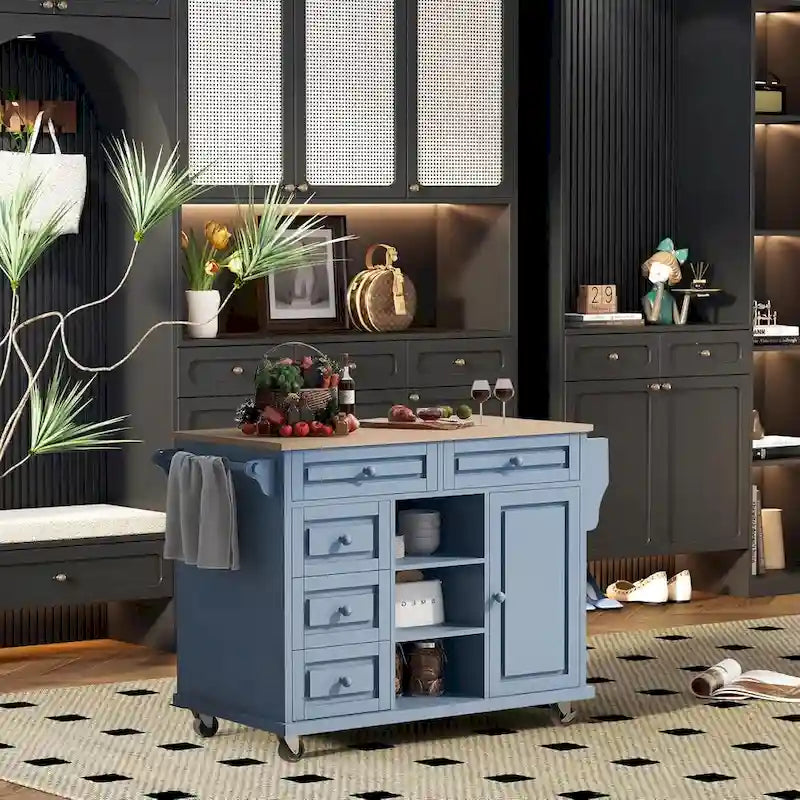 Desserte de cuisine Roomfitters avec plateau en bois d'hévéa – Îlot de cuisine roulant mobile avec rangement et 5 tiroirs, longueur de 134,6 cm