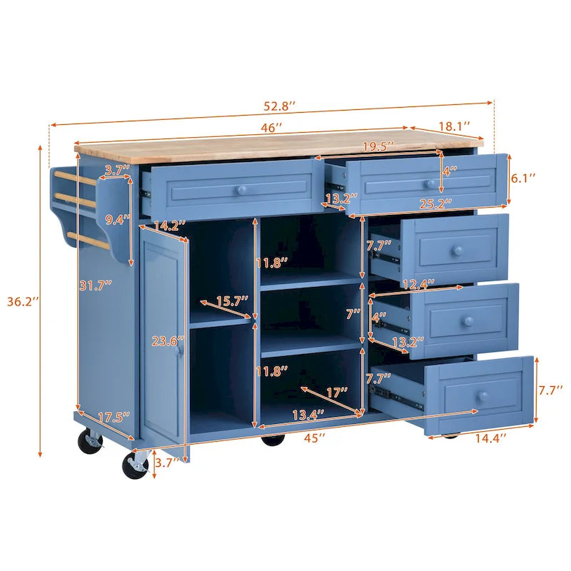 Desserte de cuisine Roomfitters avec plateau en bois d'hévéa – Îlot de cuisine roulant mobile avec rangement et 5 tiroirs, longueur de 134,6 cm