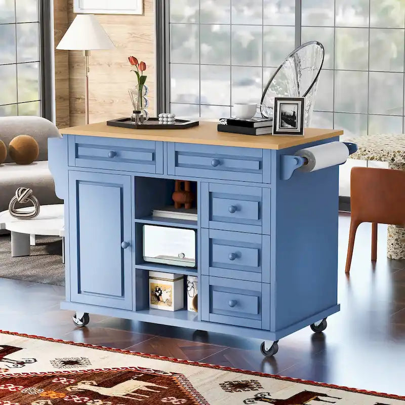 Desserte de cuisine Roomfitters avec plateau en bois d'hévéa – Îlot de cuisine roulant mobile avec rangement et 5 tiroirs, longueur de 134,6 cm