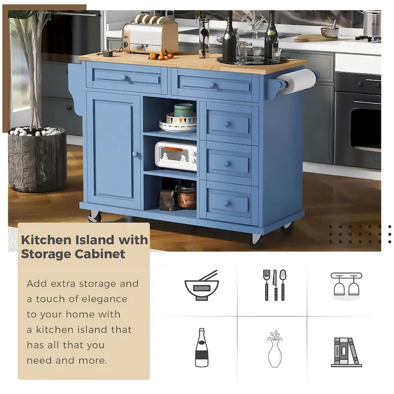 Desserte de cuisine Roomfitters avec plateau en bois d'hévéa – Îlot de cuisine roulant mobile avec rangement et 5 tiroirs, longueur de 134,6 cm
