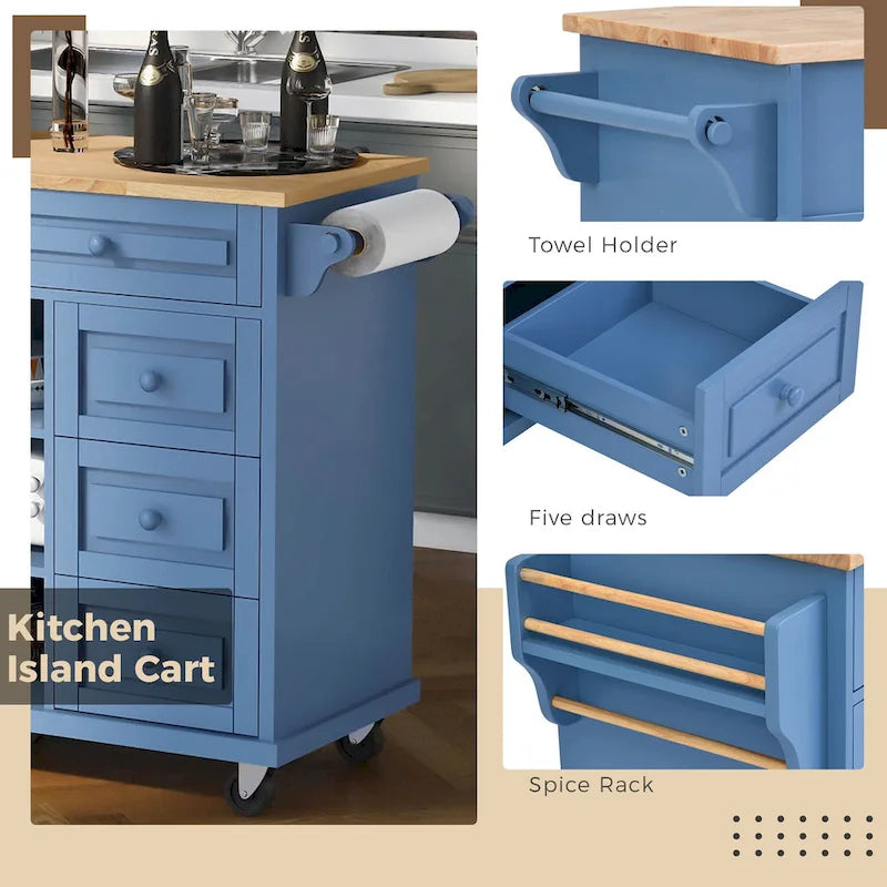 Desserte de cuisine Roomfitters avec plateau en bois d'hévéa – Îlot de cuisine roulant mobile avec rangement et 5 tiroirs, longueur de 134,6 cm