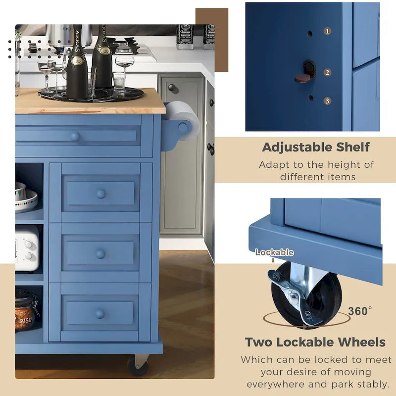 Desserte de cuisine Roomfitters avec plateau en bois d'hévéa – Îlot de cuisine roulant mobile avec rangement et 5 tiroirs, longueur de 134,6 cm