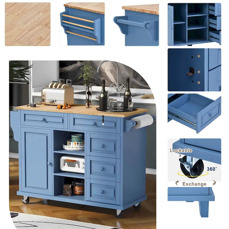 Desserte de cuisine Roomfitters avec plateau en bois d'hévéa – Îlot de cuisine roulant mobile avec rangement et 5 tiroirs, longueur de 134,6 cm