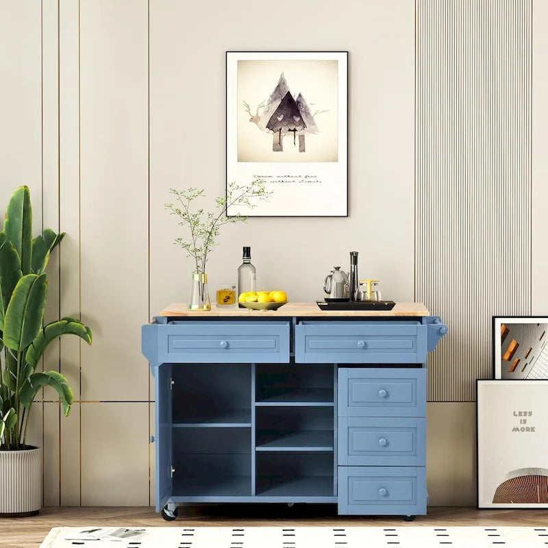 Desserte de cuisine Roomfitters avec plateau en bois d'hévéa – Îlot de cuisine roulant mobile avec rangement et 5 tiroirs, longueur de 134,6 cm