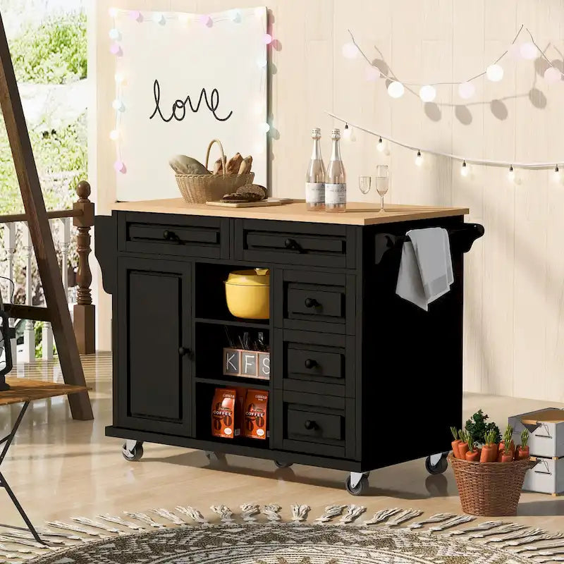 Desserte de cuisine Roomfitters avec plateau en bois d'hévéa – Îlot de cuisine roulant mobile avec rangement et 5 tiroirs, longueur de 134,6 cm