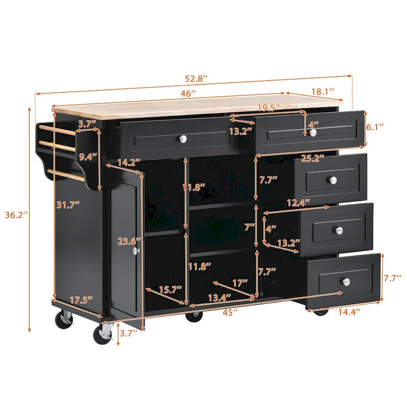 Desserte de cuisine Roomfitters avec plateau en bois d'hévéa – Îlot de cuisine roulant mobile avec rangement et 5 tiroirs, longueur de 134,6 cm