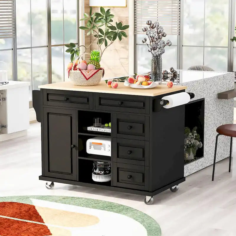 Desserte de cuisine Roomfitters avec plateau en bois d'hévéa – Îlot de cuisine roulant mobile avec rangement et 5 tiroirs, longueur de 134,6 cm