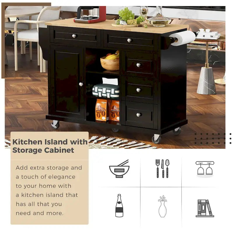 Desserte de cuisine Roomfitters avec plateau en bois d'hévéa – Îlot de cuisine roulant mobile avec rangement et 5 tiroirs, longueur de 134,6 cm