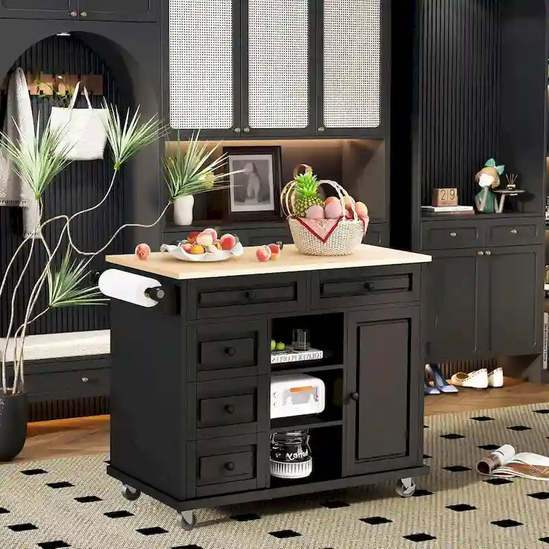 Desserte de cuisine Roomfitters avec plateau en bois d'hévéa – Îlot de cuisine roulant mobile avec rangement et 5 tiroirs, longueur de 134,6 cm