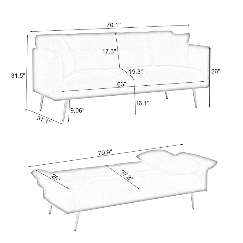 70.1 canapé-lit futon, canapé-lit double convertible avec accoudoirs pliables pour salons et petits espaces