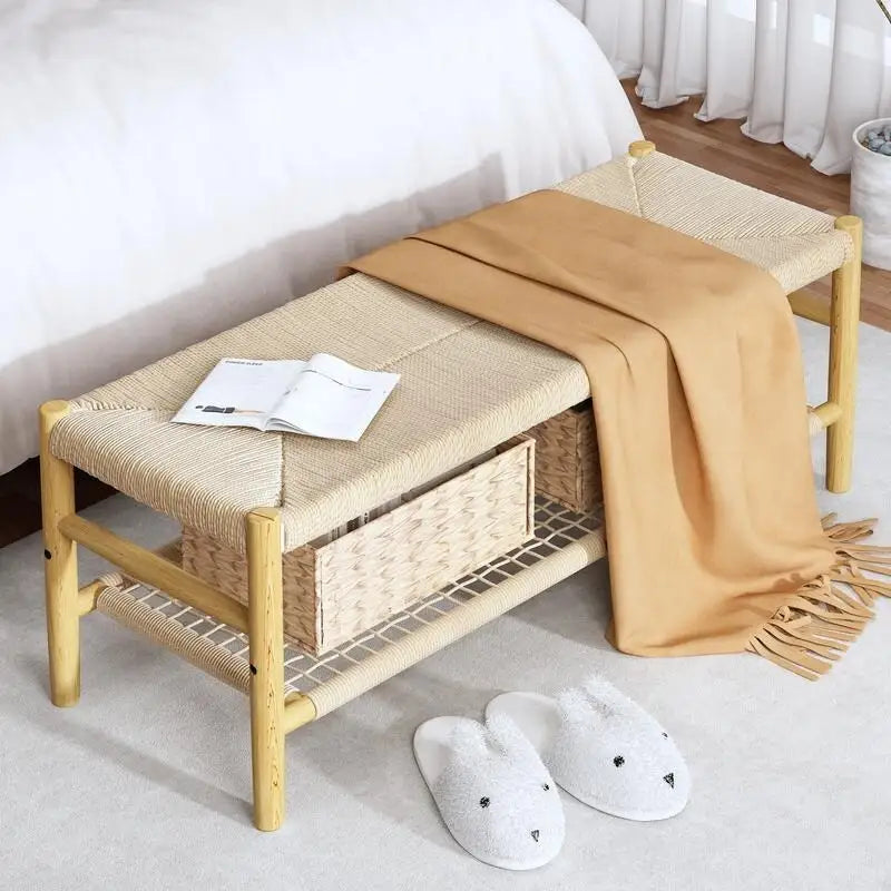 Banc à chaussures d'entrée en bois massif style Bohème Ferme avec design en corde tressée à la main et deux paniers, banc de bout de lit naturel
