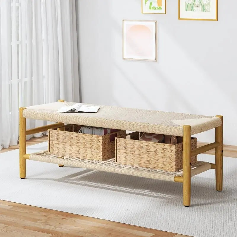 Banc à chaussures d'entrée en bois massif style Bohème Ferme avec design en corde tressée à la main et deux paniers, banc de bout de lit naturel