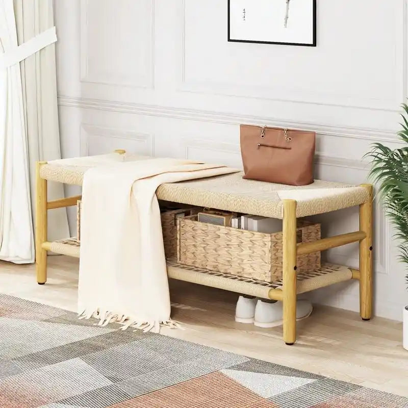 Banc à chaussures d'entrée en bois massif style Bohème Ferme avec design en corde tressée à la main et deux paniers, banc de bout de lit naturel