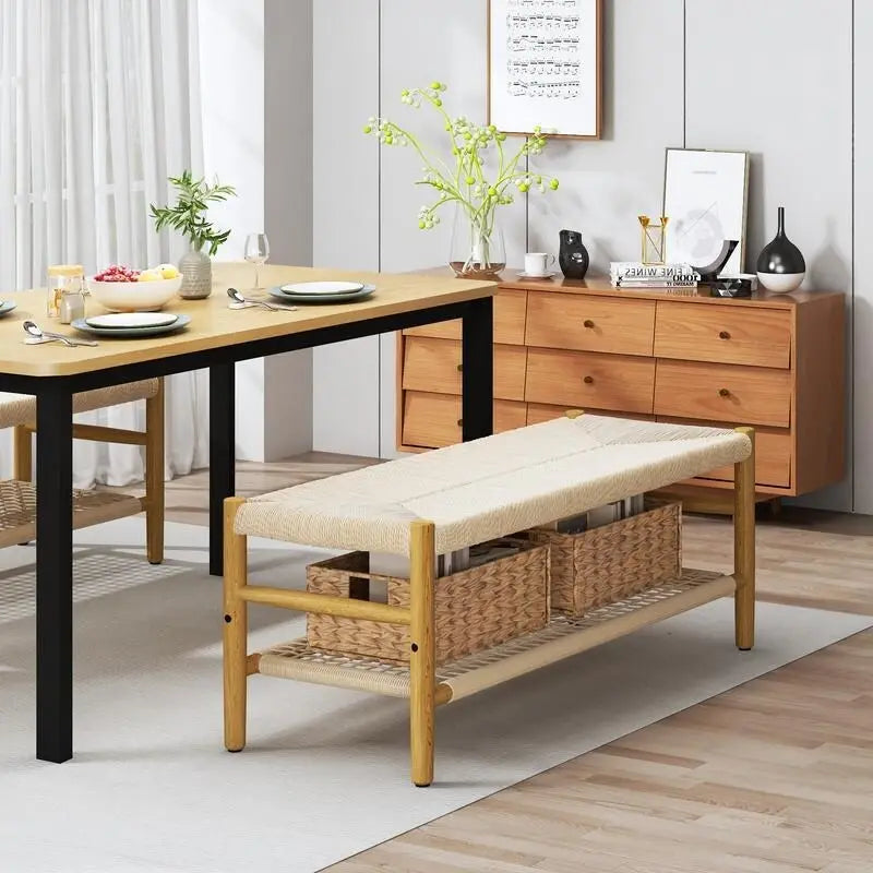 Banc à chaussures d'entrée en bois massif style Bohème Ferme avec design en corde tressée à la main et deux paniers, banc de bout de lit naturel