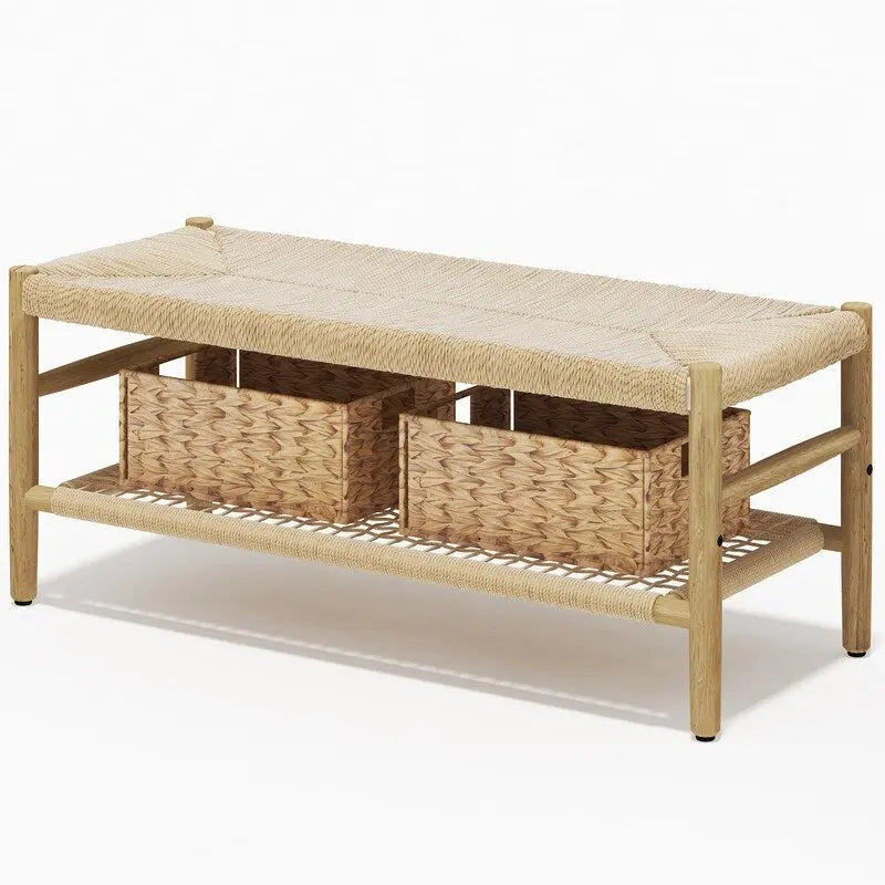 Banc à chaussures d'entrée en bois massif style Bohème Ferme avec design en corde tressée à la main et deux paniers, banc de bout de lit naturel