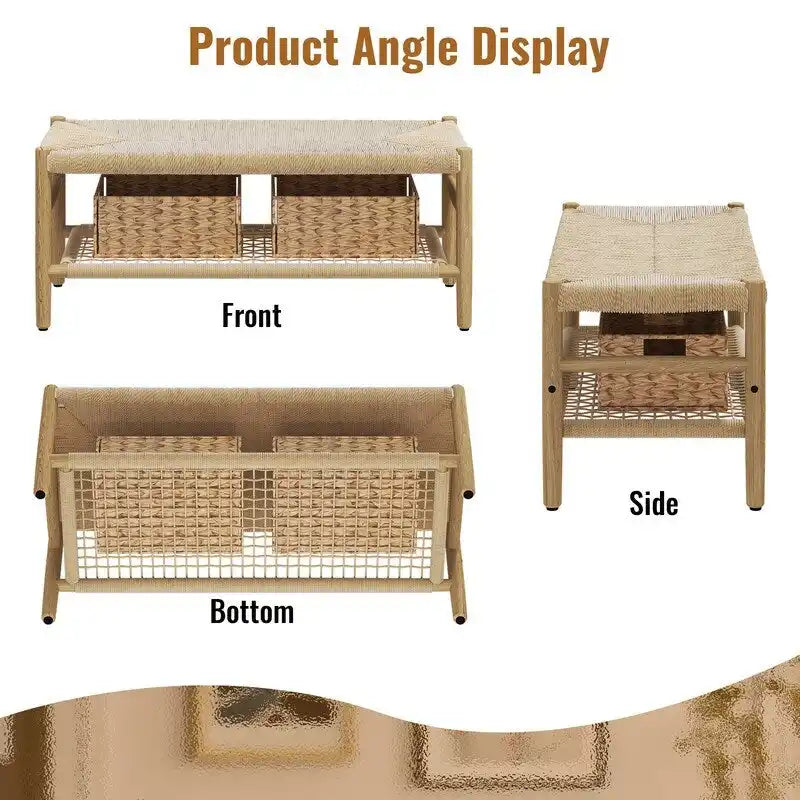 Banc à chaussures d'entrée en bois massif style Bohème Ferme avec design en corde tressée à la main et deux paniers, banc de bout de lit naturel