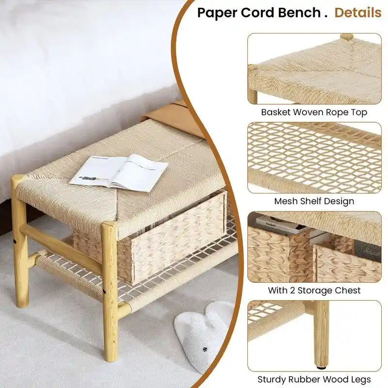 Banc à chaussures d'entrée en bois massif style Bohème Ferme avec design en corde tressée à la main et deux paniers, banc de bout de lit naturel