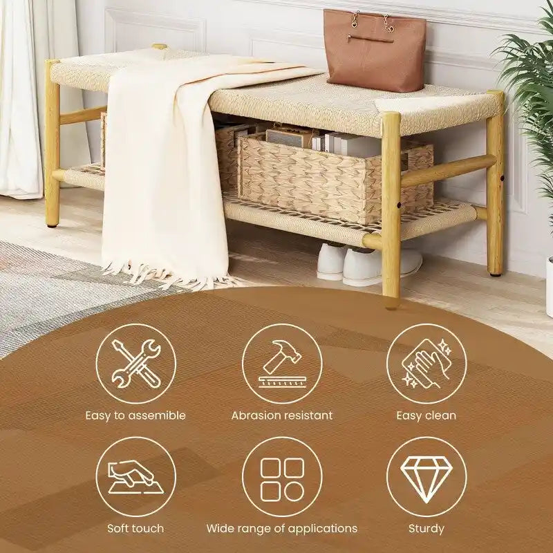 Banc à chaussures d'entrée en bois massif style Bohème Ferme avec design en corde tressée à la main et deux paniers, banc de bout de lit naturel
