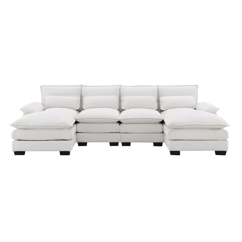 Canapé d'angle moderne en U rembourré 6 places avec oreillers de soutien lombaire, canapé-lit avec méridienne, blanc