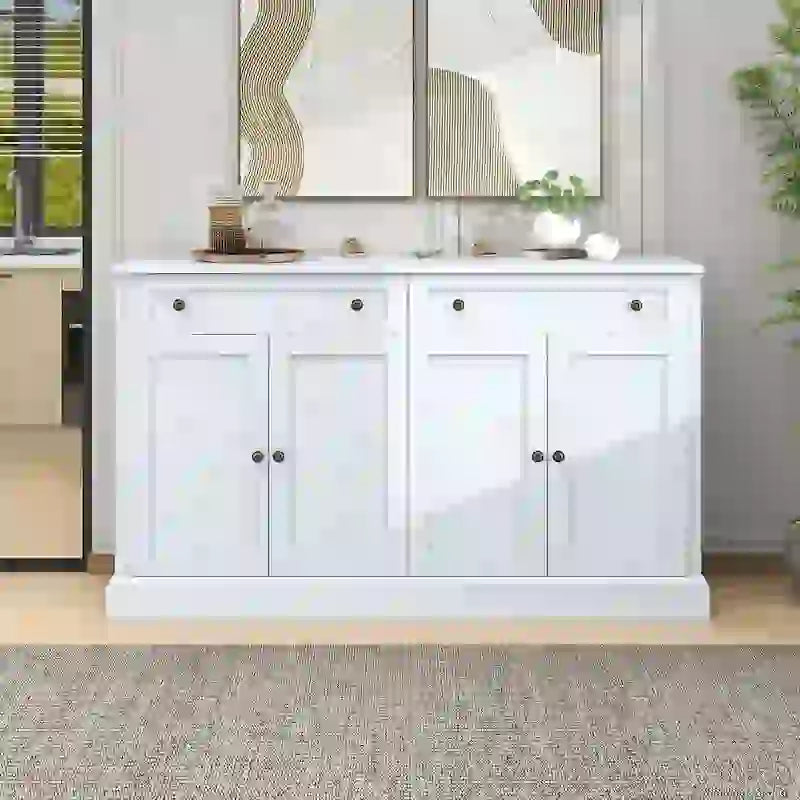 Meuble de Rangement Buffet de Cuisine avec 2 Tiroirs et 4 Portes, Étagères Réglables pour Salle à Manger, Salon (Blanc)