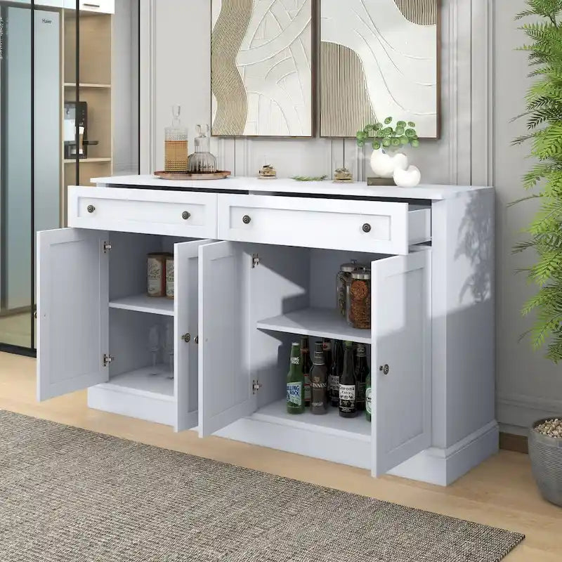 Meuble de Rangement Buffet de Cuisine avec 2 Tiroirs et 4 Portes, Étagères Réglables pour Salle à Manger, Salon (Blanc)