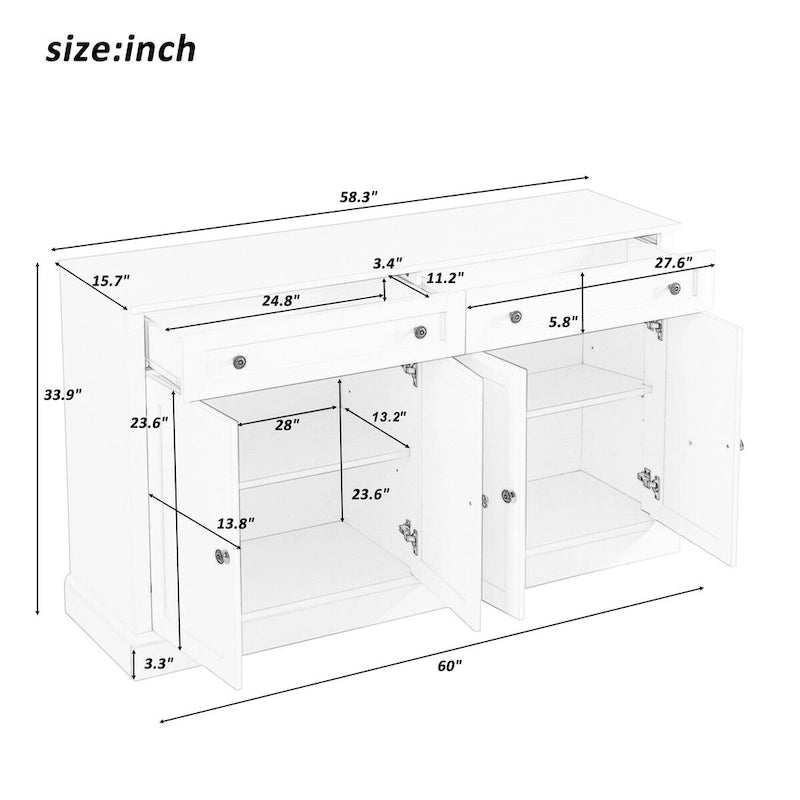 Meuble de Rangement Buffet de Cuisine avec 2 Tiroirs et 4 Portes, Étagères Réglables pour Salle à Manger, Salon (Blanc)