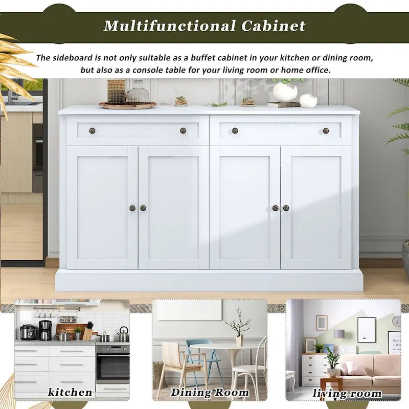 Meuble de Rangement Buffet de Cuisine avec 2 Tiroirs et 4 Portes, Étagères Réglables pour Salle à Manger, Salon (Blanc)