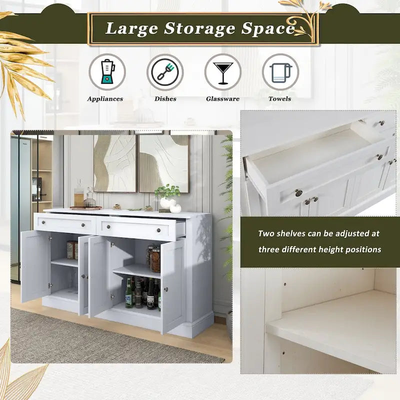 Meuble de Rangement Buffet de Cuisine avec 2 Tiroirs et 4 Portes, Étagères Réglables pour Salle à Manger, Salon (Blanc)