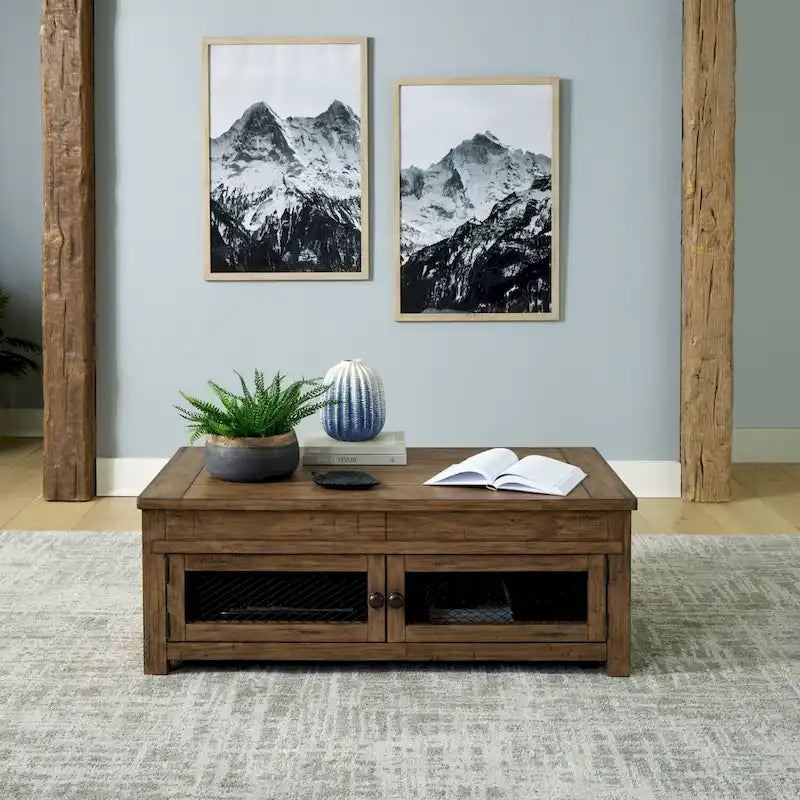 Table basse relevable Pinebrook Ridge, finition Toffee patiné