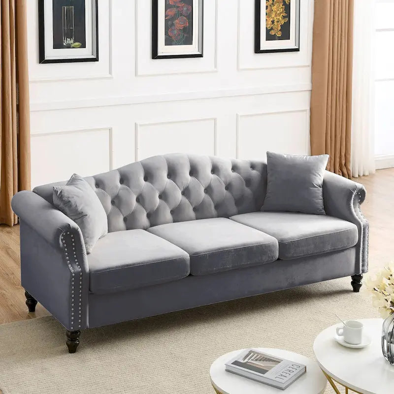 Canapé Chesterfield en velours 79'' pour salon, canapé 3 places capitonné avec accoudoirs arrondis et clous décoratifs, deux oreillers