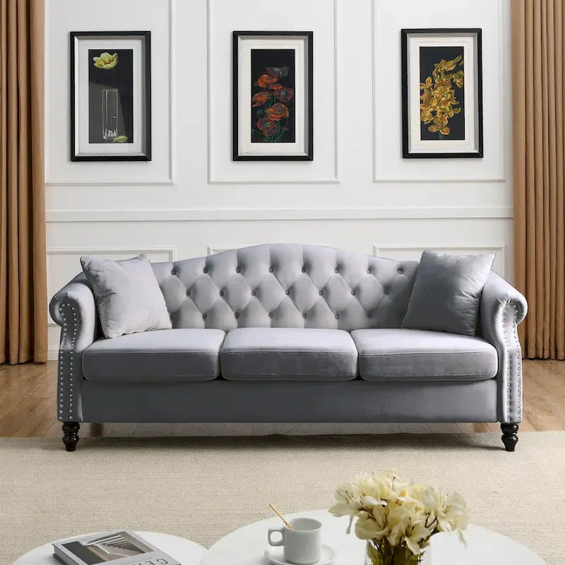 Canapé Chesterfield en velours 79'' pour salon, canapé 3 places capitonné avec accoudoirs arrondis et clous décoratifs, deux oreillers