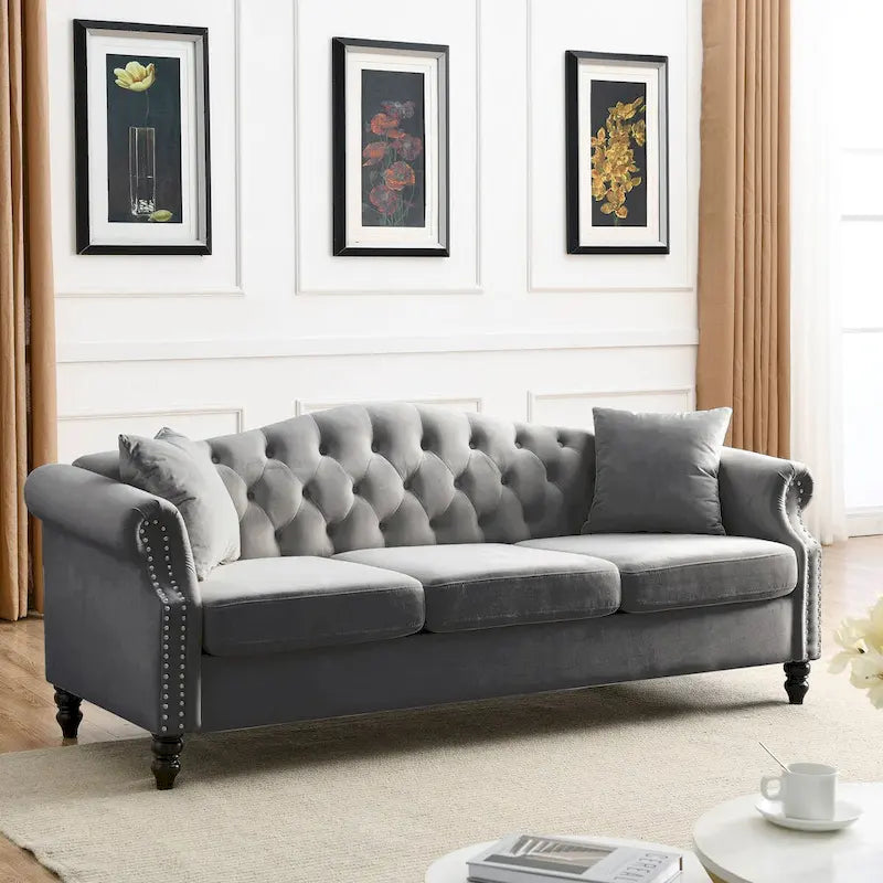 Canapé Chesterfield en velours 79'' pour salon, canapé 3 places capitonné avec accoudoirs arrondis et clous décoratifs, deux oreillers