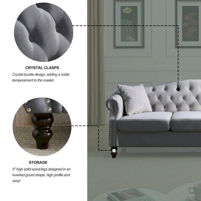 Canapé Chesterfield en velours 79'' pour salon, canapé 3 places capitonné avec accoudoirs arrondis et clous décoratifs, deux oreillers