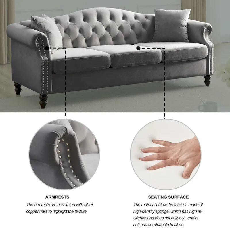 Canapé Chesterfield en velours 79'' pour salon, canapé 3 places capitonné avec accoudoirs arrondis et clous décoratifs, deux oreillers