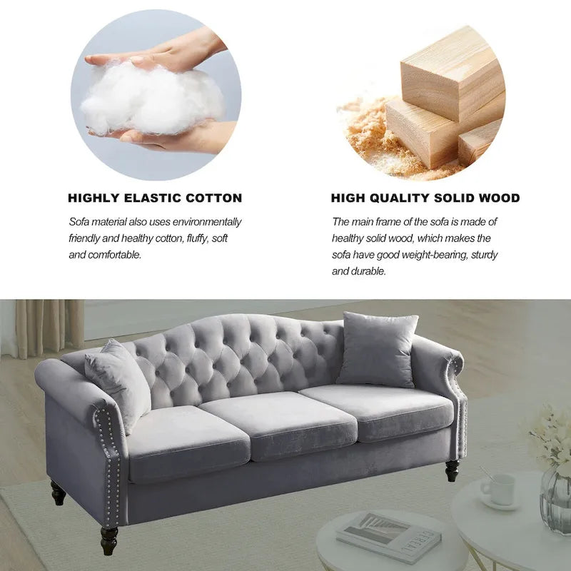 Canapé Chesterfield en velours 79'' pour salon, canapé 3 places capitonné avec accoudoirs arrondis et clous décoratifs, deux oreillers