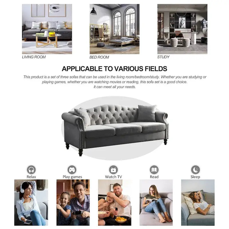 Canapé Chesterfield en velours 79'' pour salon, canapé 3 places capitonné avec accoudoirs arrondis et clous décoratifs, deux oreillers