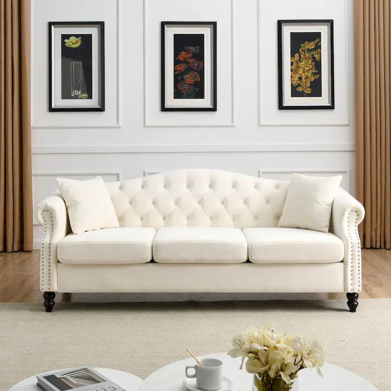 Canapé Chesterfield en velours 79'' pour salon, canapé 3 places capitonné avec accoudoirs arrondis et clous décoratifs, deux oreillers
